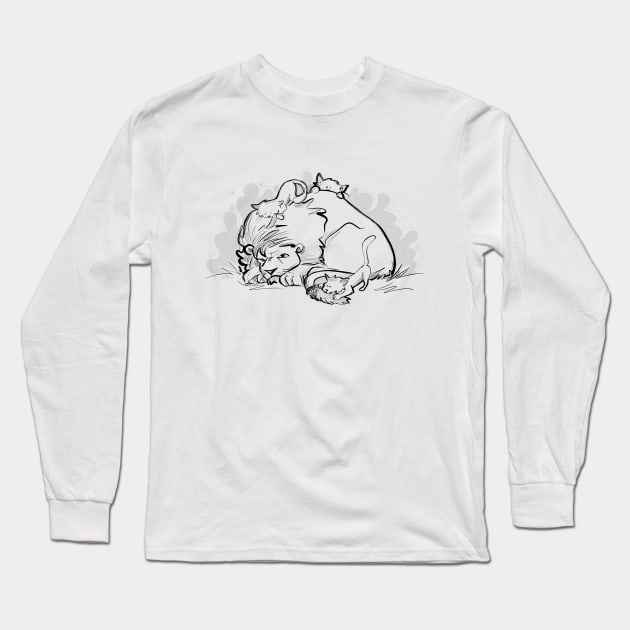 Napping lion with kittens Long Sleeve T-Shirt by Jason's Doodles